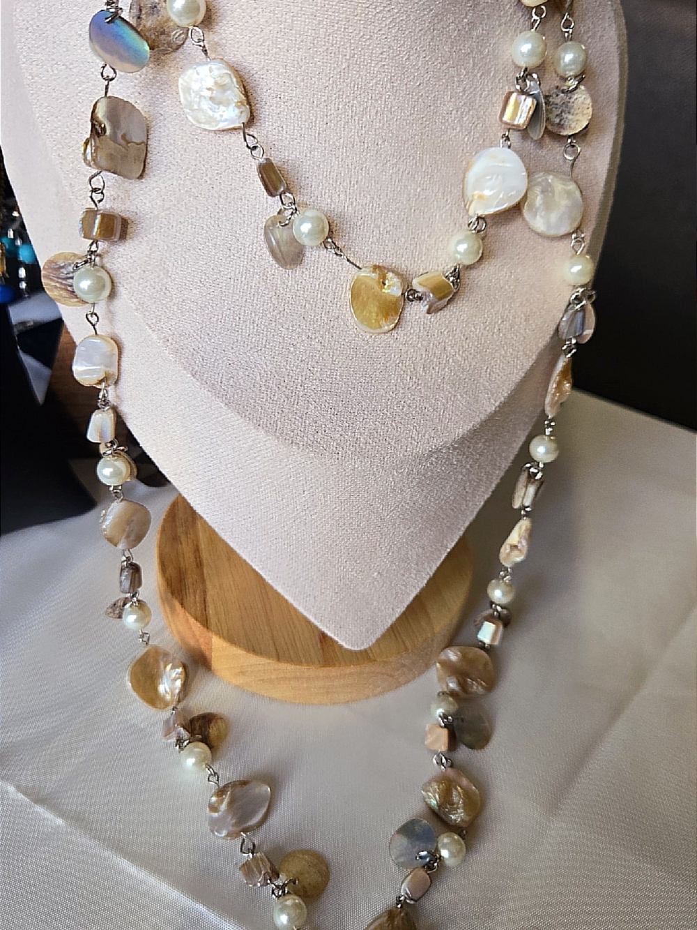 Delicate Pearl & Shell Station Necklace in Champagne - Unbranded